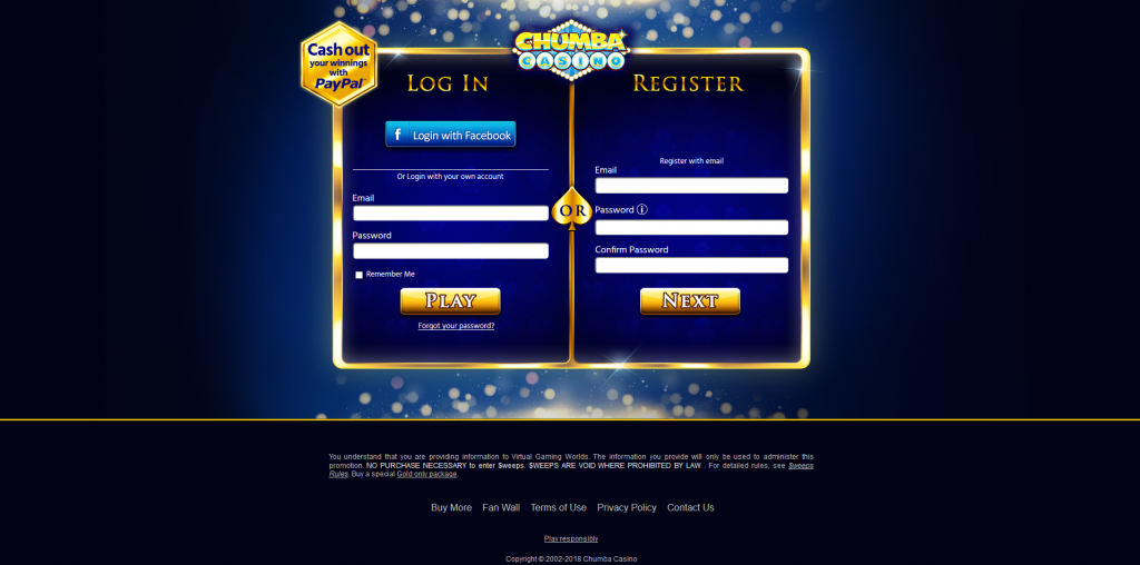Chumba casino login and registration window